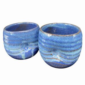 Vintage Hand Made Stoneware Cups Glasses Set 2 Signed FSR Pinched Blue Glaze VTG